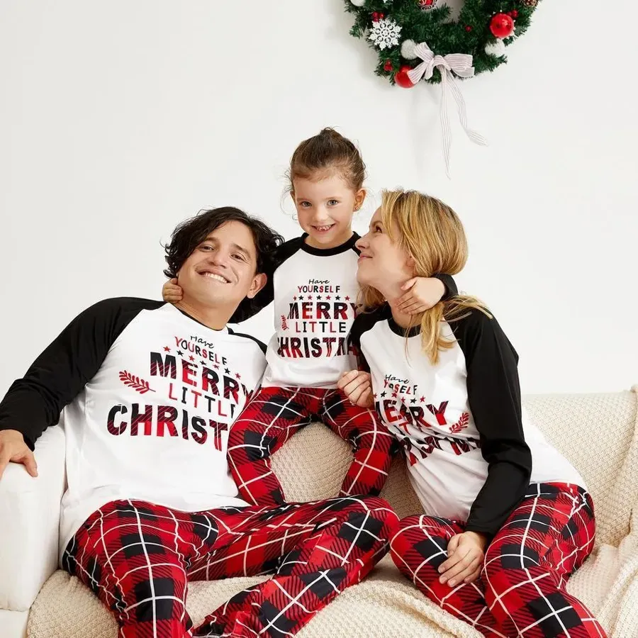 Christmas ' Have Yourself ' Contrast Top and Plaid Pants Matching Pajamas