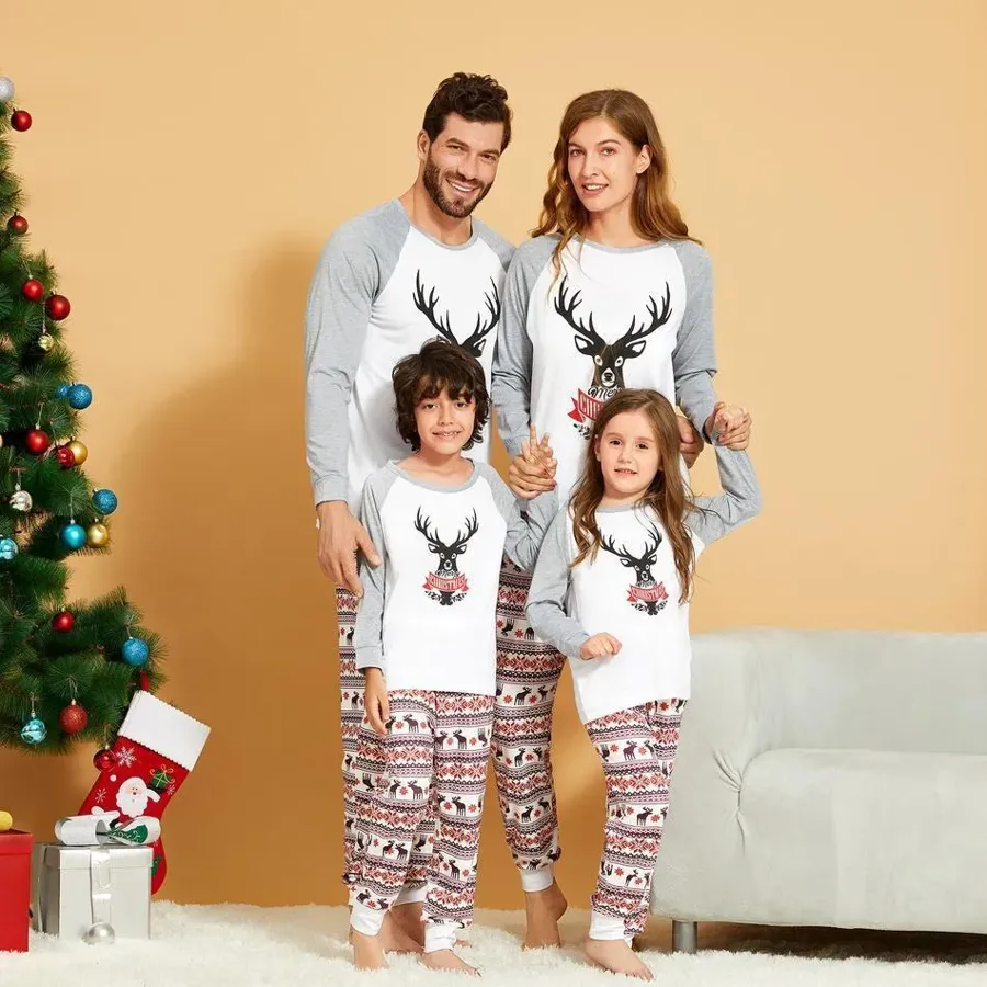 Christmas Reindeer Print Top and Patterned Pants Family Matching Set