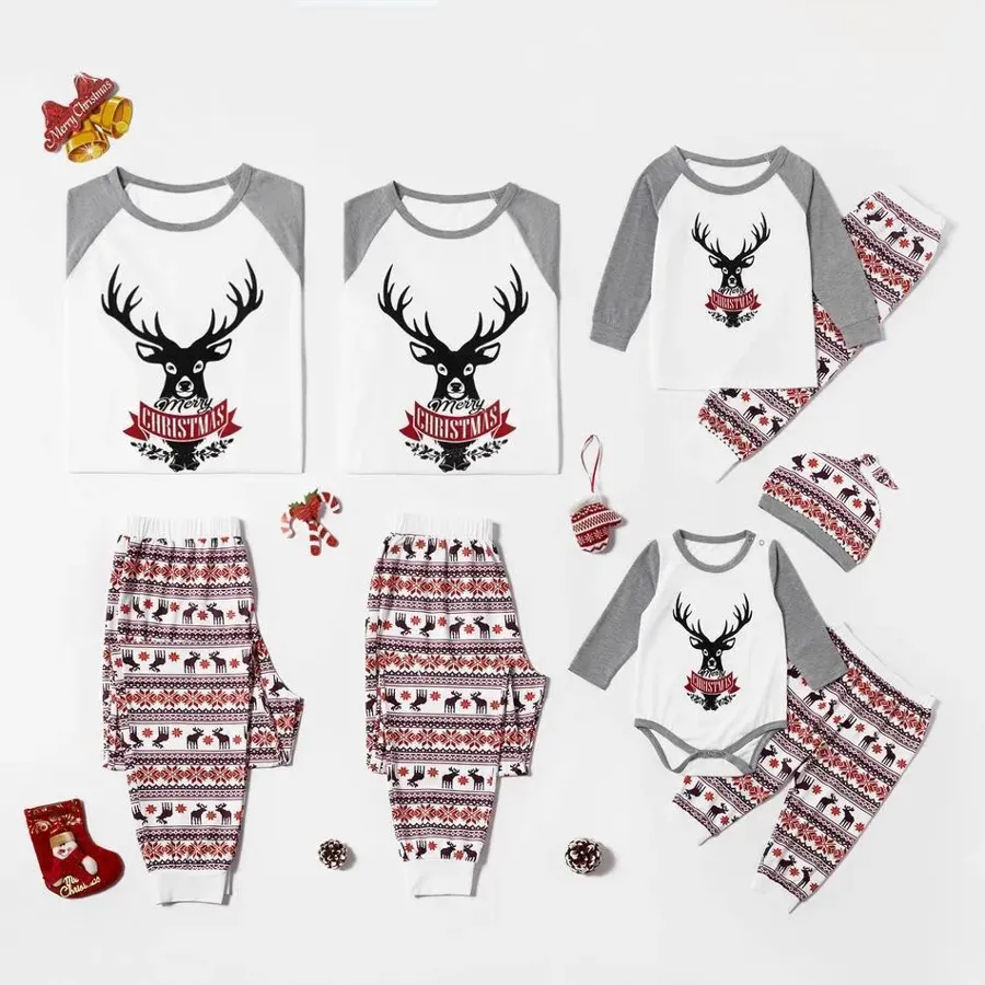 Christmas Reindeer Print Top and Patterned Pants Family Matching Set