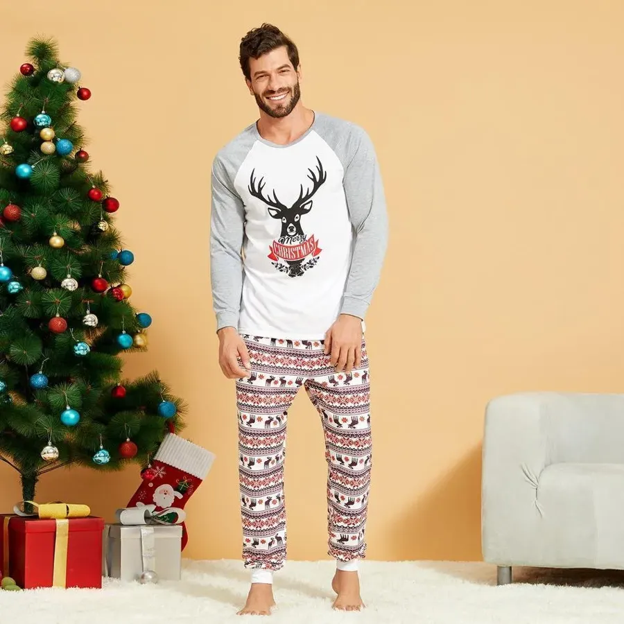 Christmas Reindeer Print Top and Patterned Pants Family Matching Set