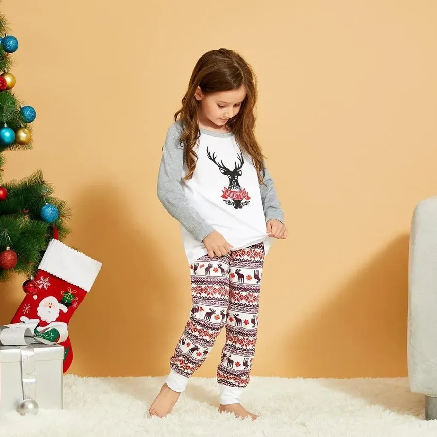 Christmas Reindeer Print Top and Patterned Pants Family Matching Set