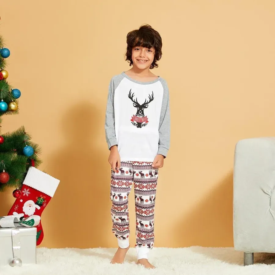 Christmas Reindeer Print Top and Patterned Pants Family Matching Set