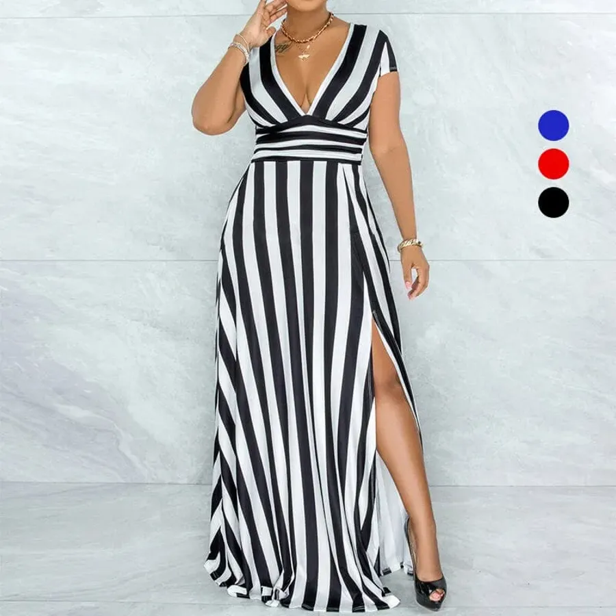 Sexy Striped High Waist Maxi Dress