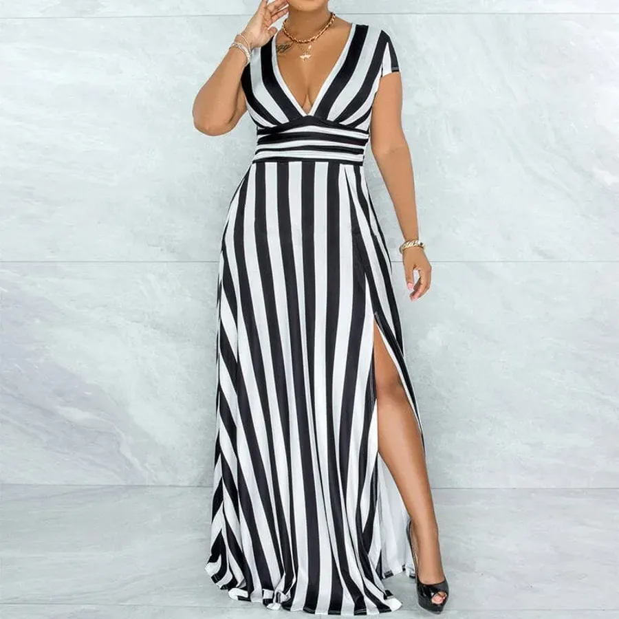 Sexy Striped High Waist Maxi Dress