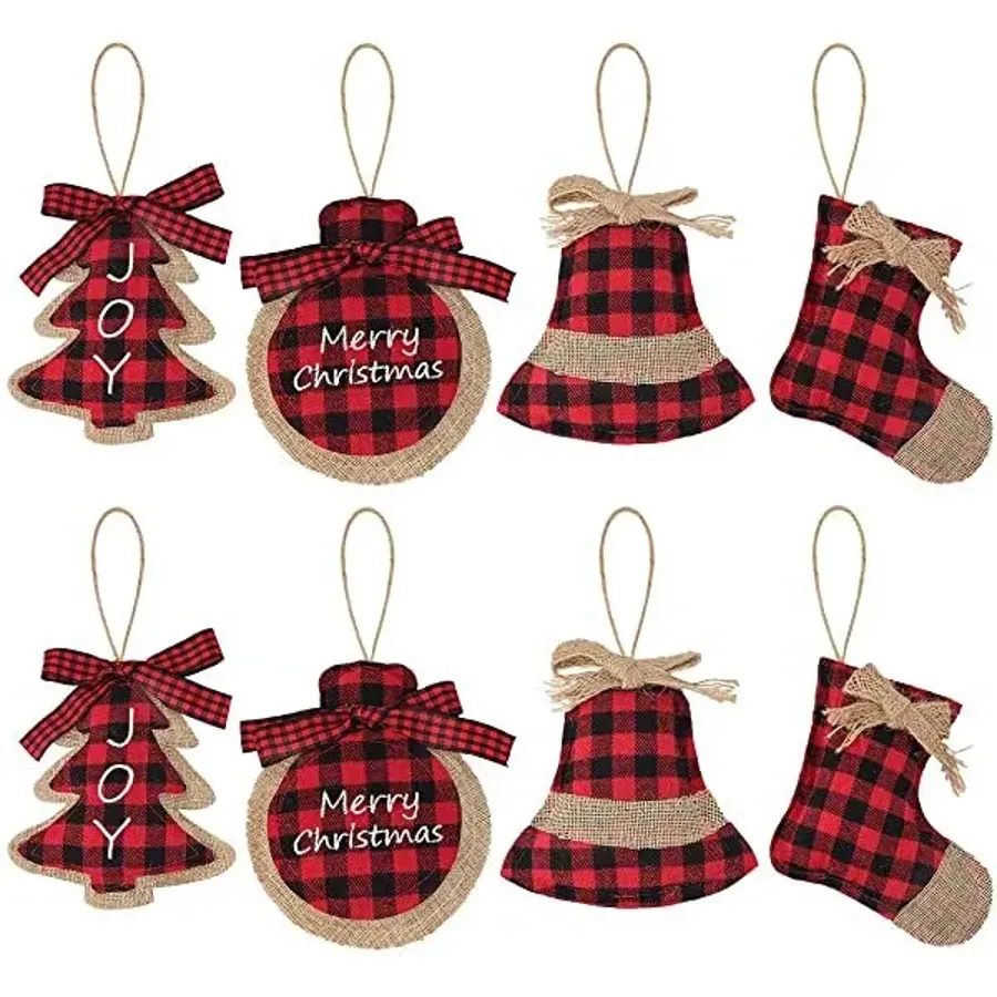 Christmas Decorations Tree Ornament 8 Pcs Red Black Buffalo Check