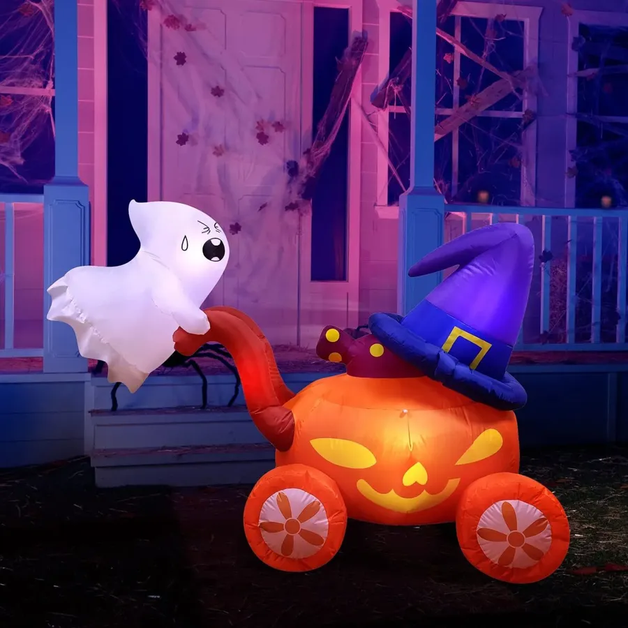 Halloween Pumpkin Carriage with Witch Hat & Hanging Ghost