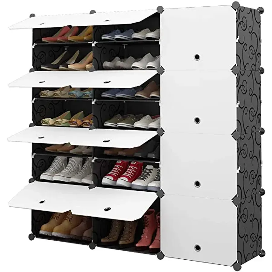 48-Pair Portable Shoe Rack - DIY Shoe Storage Shelf Organizer - Black