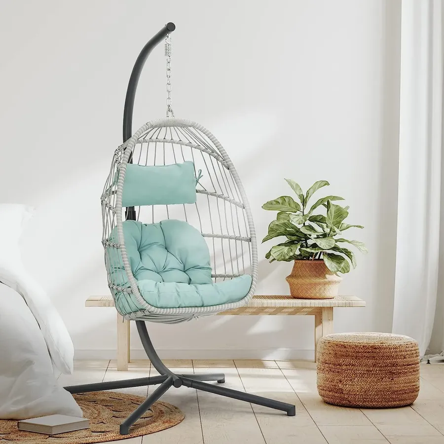 Egg Chair with Stand - Patio Rattan Wicker Hanging Swing