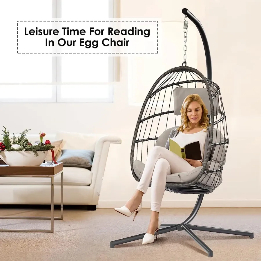 Egg Chair with Stand - Patio Rattan Wicker Hanging Swing