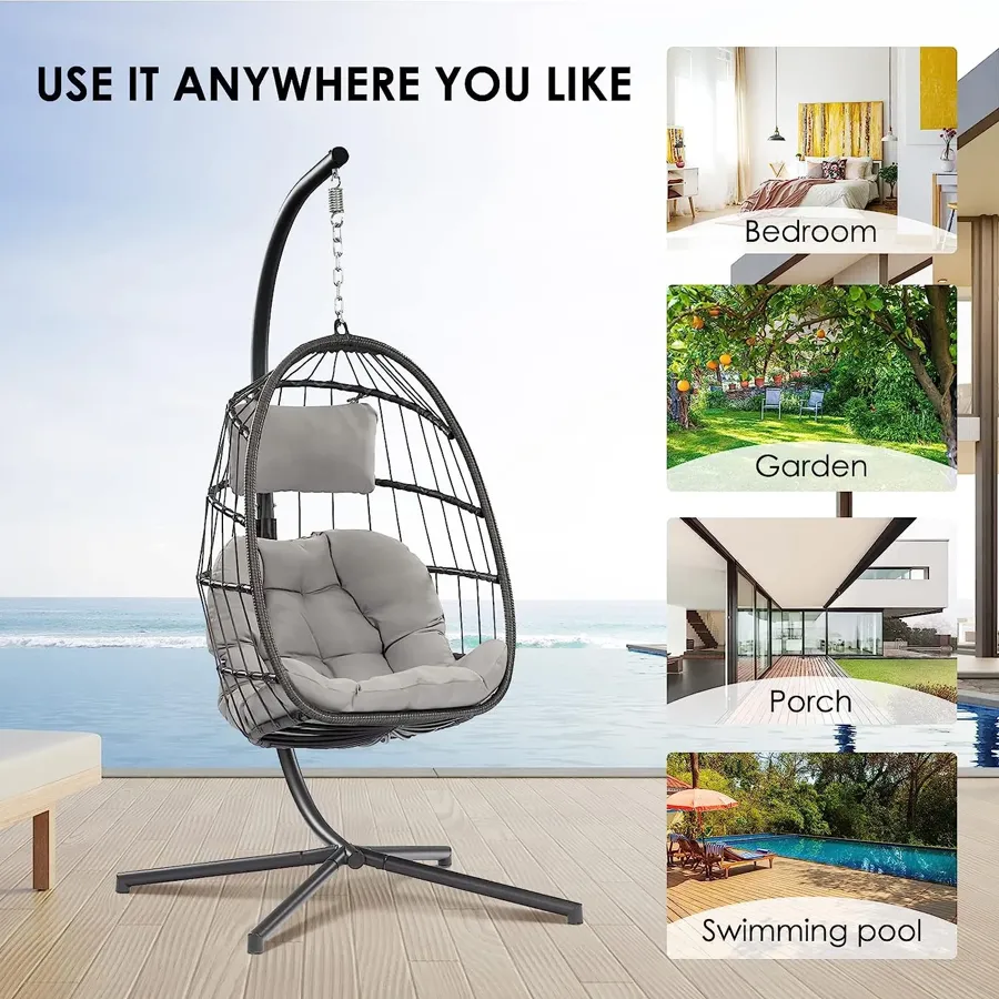 Egg Chair with Stand - Patio Rattan Wicker Hanging Swing