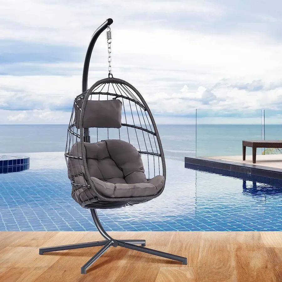 Egg Chair with Stand - Patio Rattan Wicker Hanging Swing