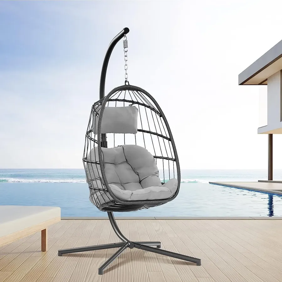 Egg Chair with Stand - Patio Rattan Wicker Hanging Swing