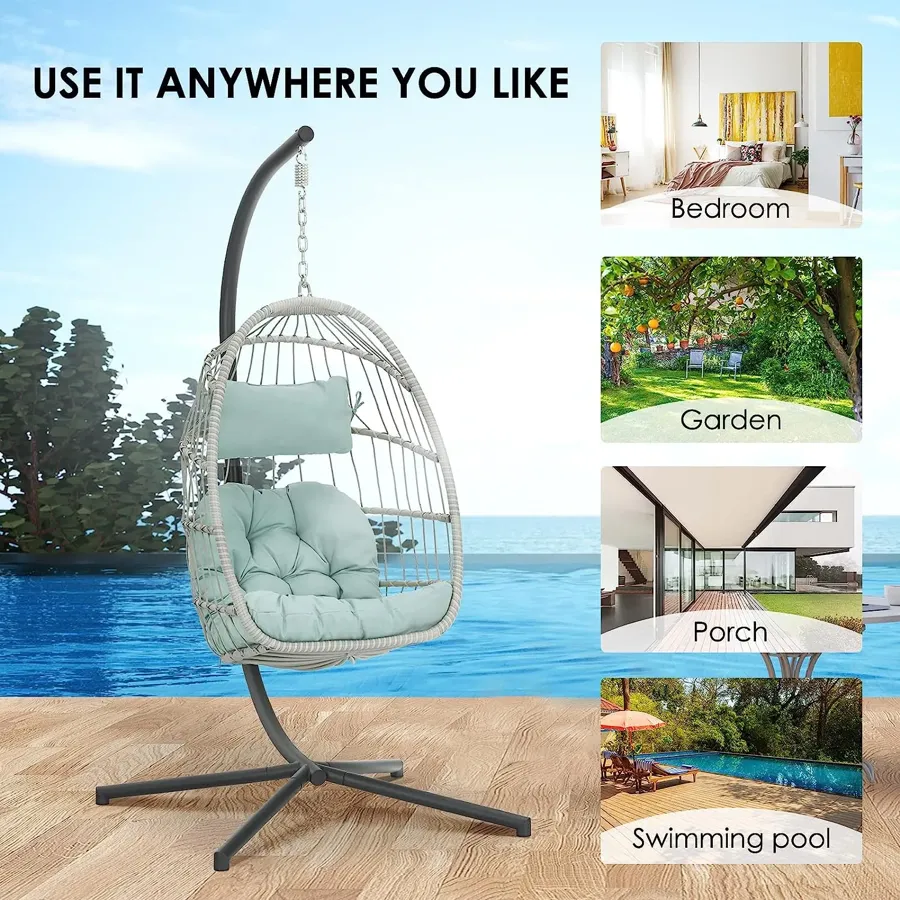 Egg Chair with Stand - Patio Rattan Wicker Hanging Swing