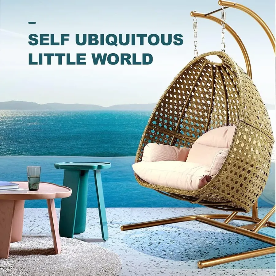 Wicker Rattan Egg Swing Chair with Stand and Cushion