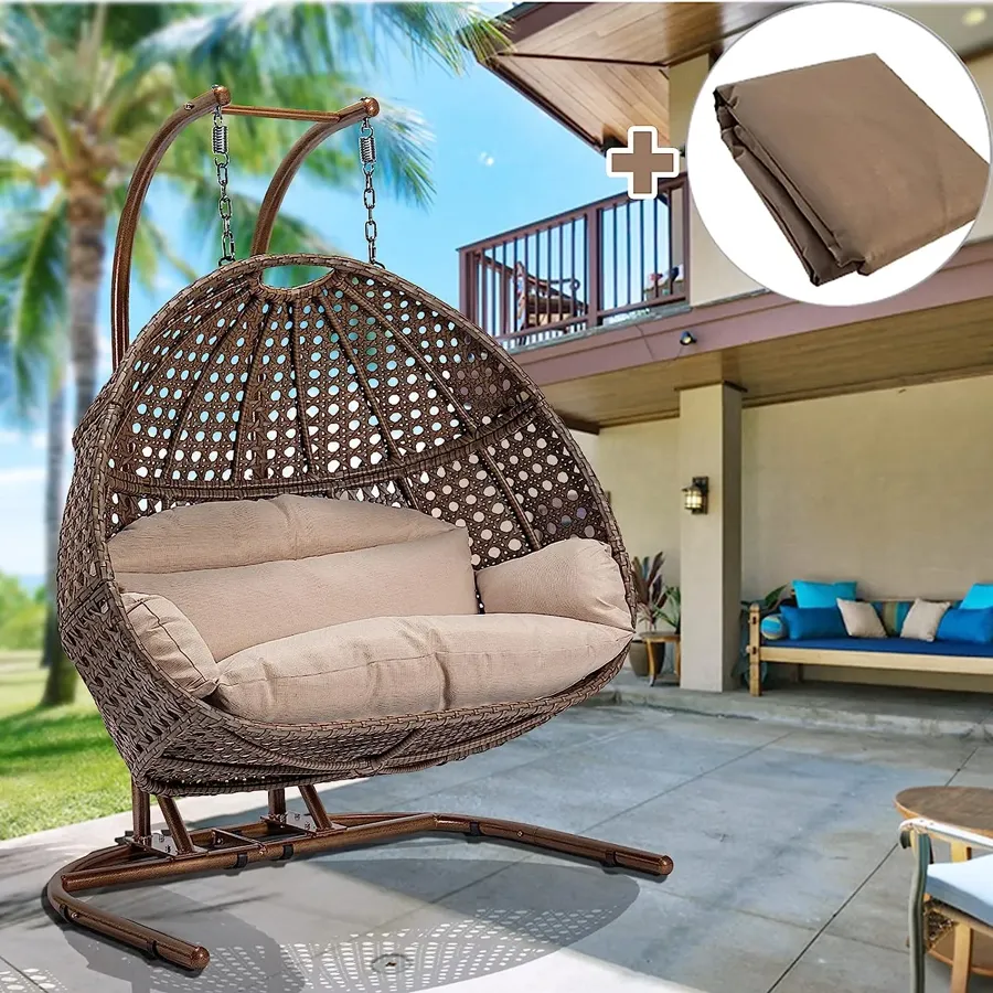 Wicker Rattan Egg Swing Chair with Stand and Cushion