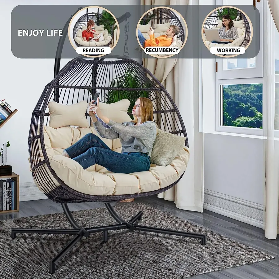 Wicker Rattan Egg Swing Chair with Stand and Cushion