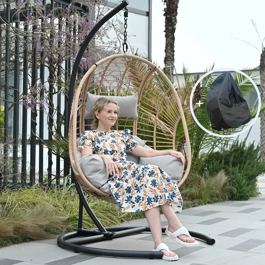 Wicker Rattan Egg Swing Chair with Stand and Cushion