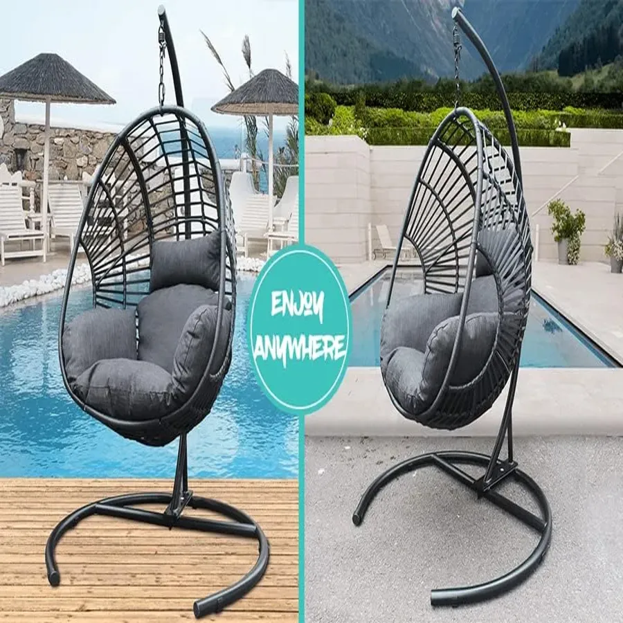 Wicker Rattan Egg Swing Chair with Stand and Cushion