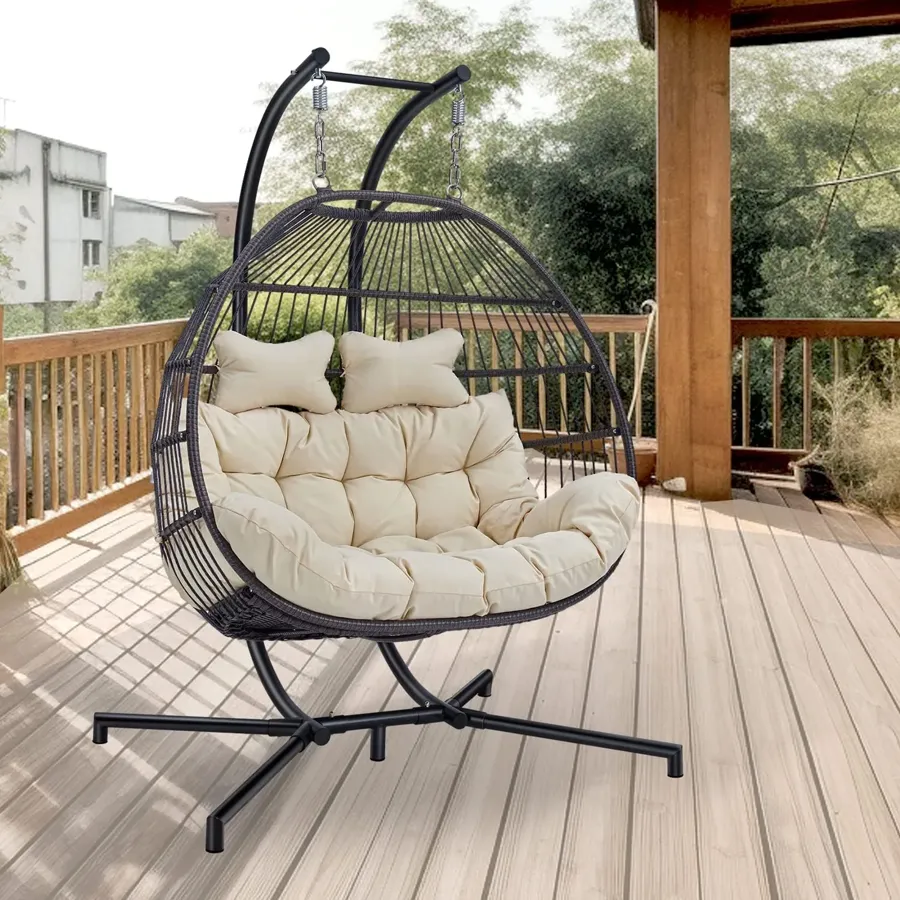 Wicker Rattan Egg Swing Chair with Stand and Cushion