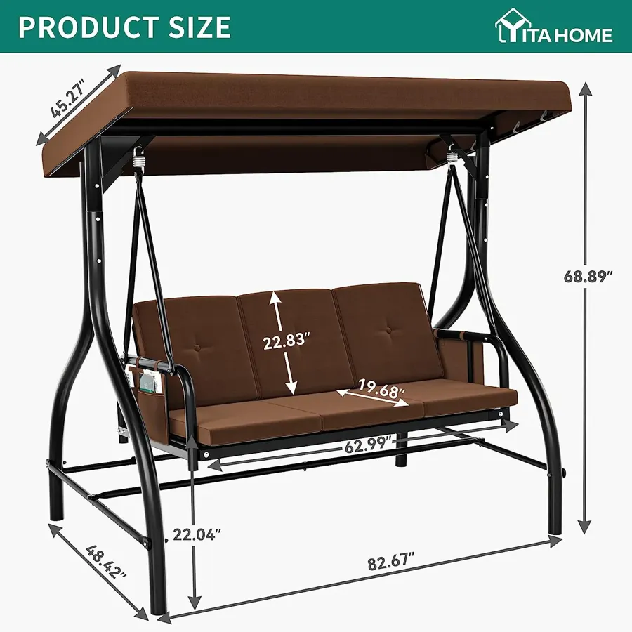 Porch Swing Bed | 3-Seats Outdoor Patio Swing Chairs