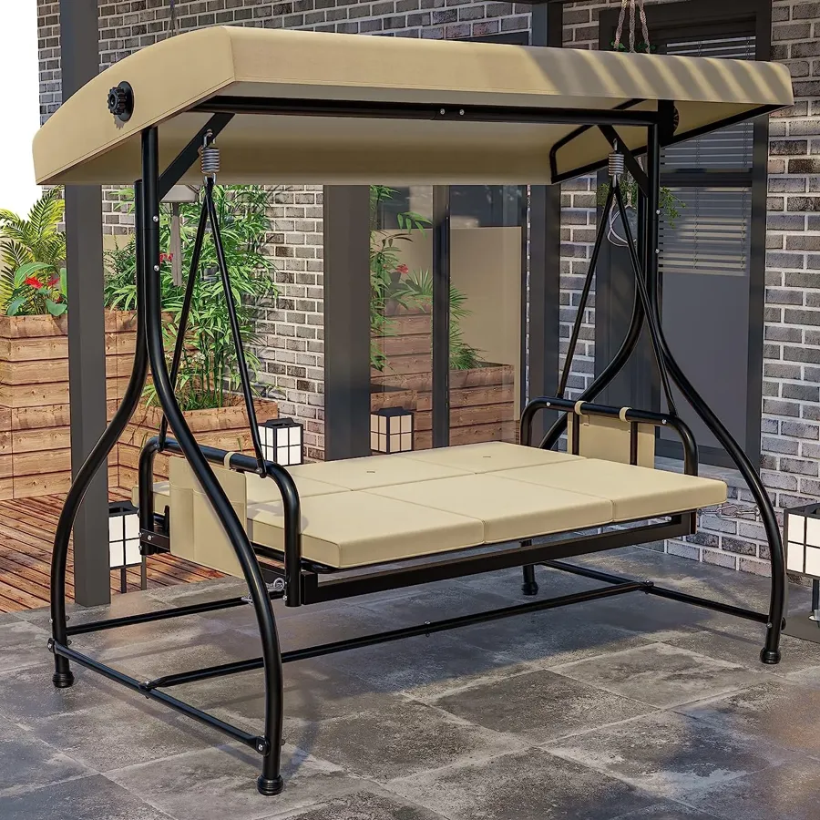 Porch Swing Bed | 3-Seats Outdoor Patio Swing Chairs