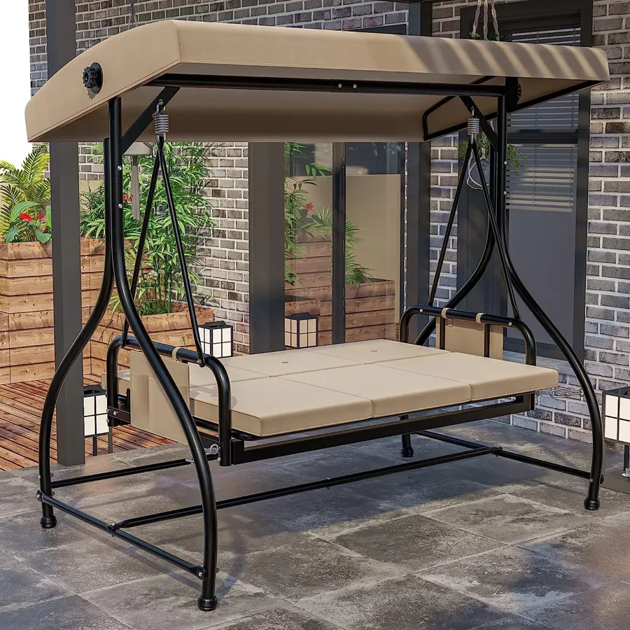 Porch Swing Bed | 3-Seats Outdoor Patio Swing Chairs