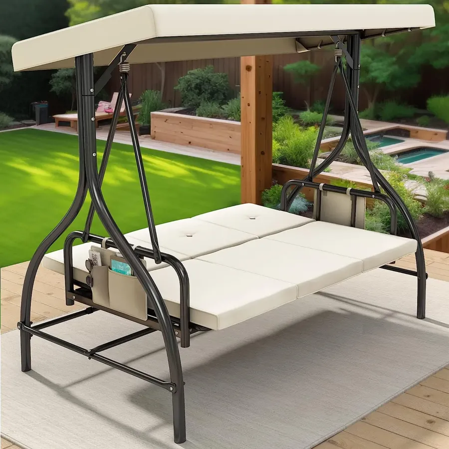 Porch Swing Bed | 3-Seats Outdoor Patio Swing Chairs