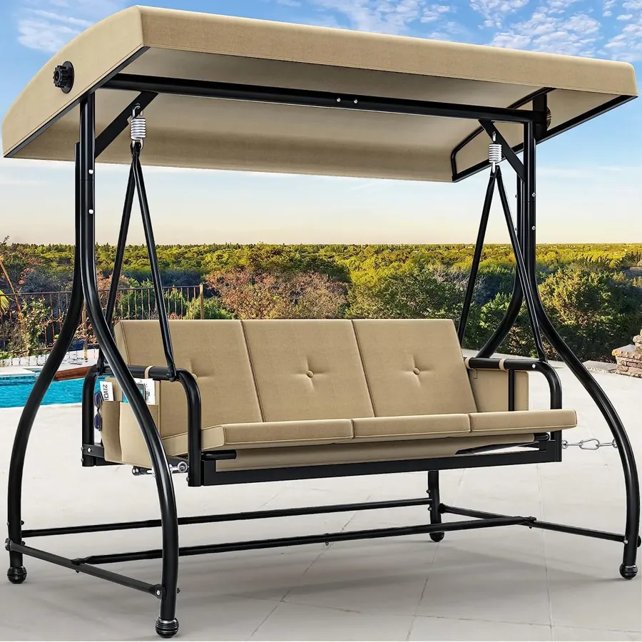 Porch Swing Bed | 3-Seats Outdoor Patio Swing Chairs