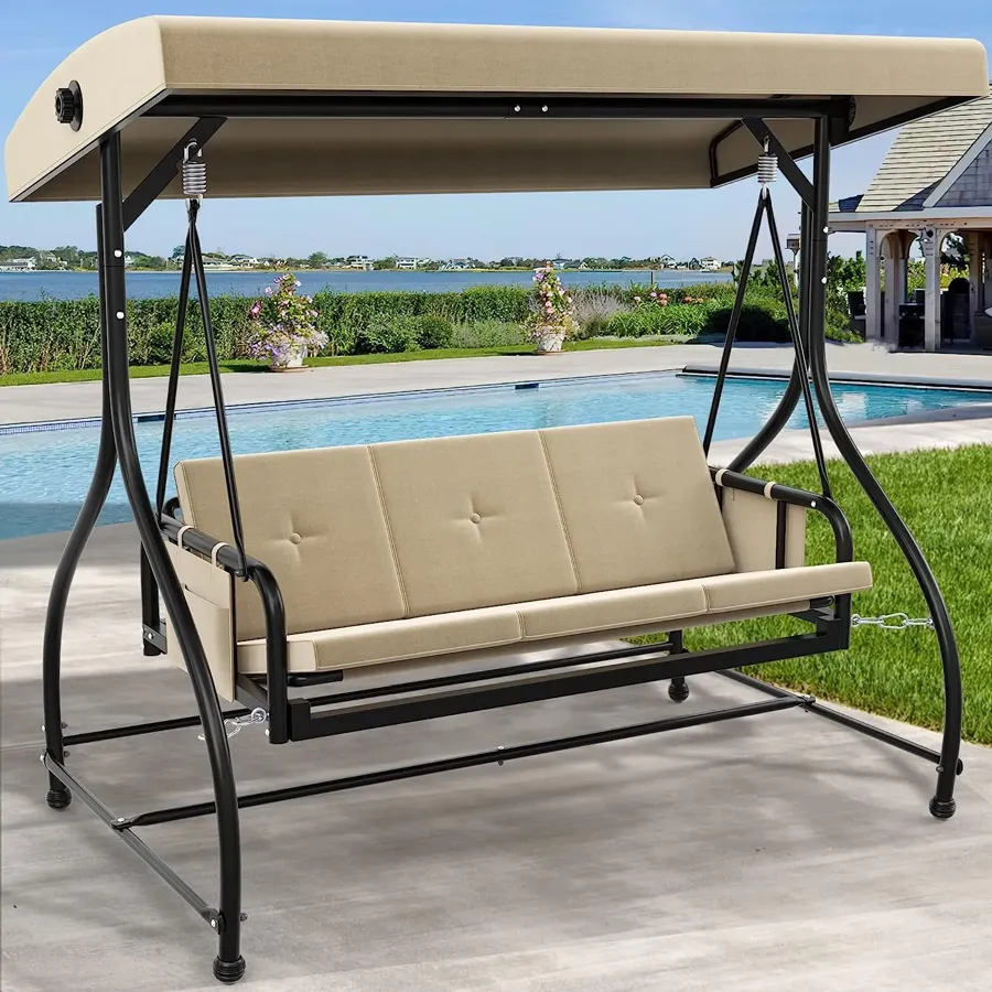 Porch Swing Bed | 3-Seats Outdoor Patio Swing Chairs