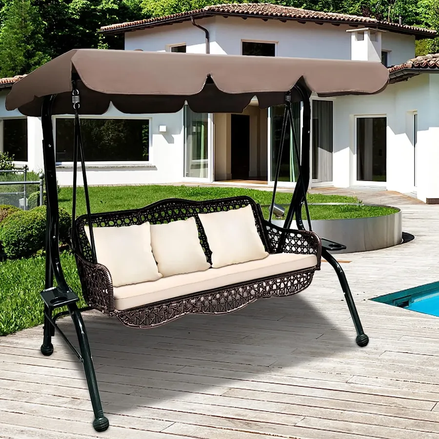 3 Seat Porch Swing - Outdoor Swing with Canopy Adjustable