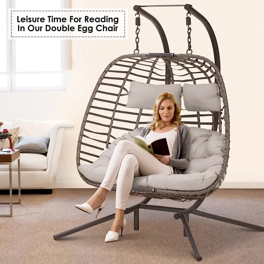 2 Person Hanging Egg Chair with Stand for Outdoor