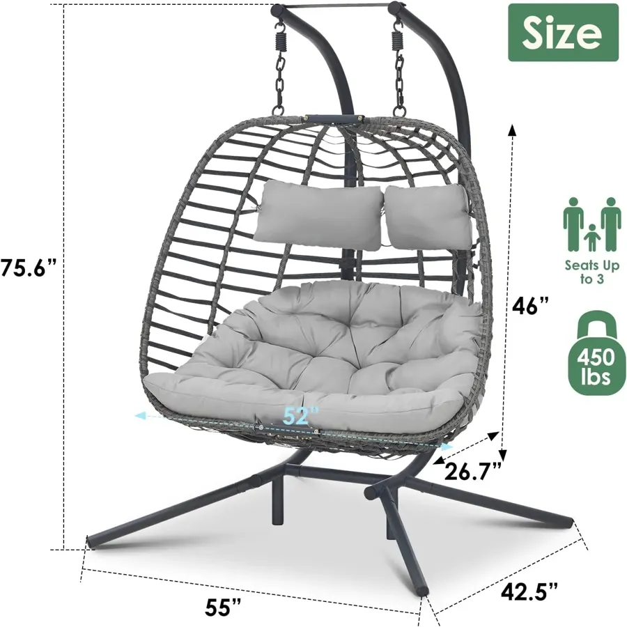 2 Person Hanging Egg Chair with Stand for Outdoor